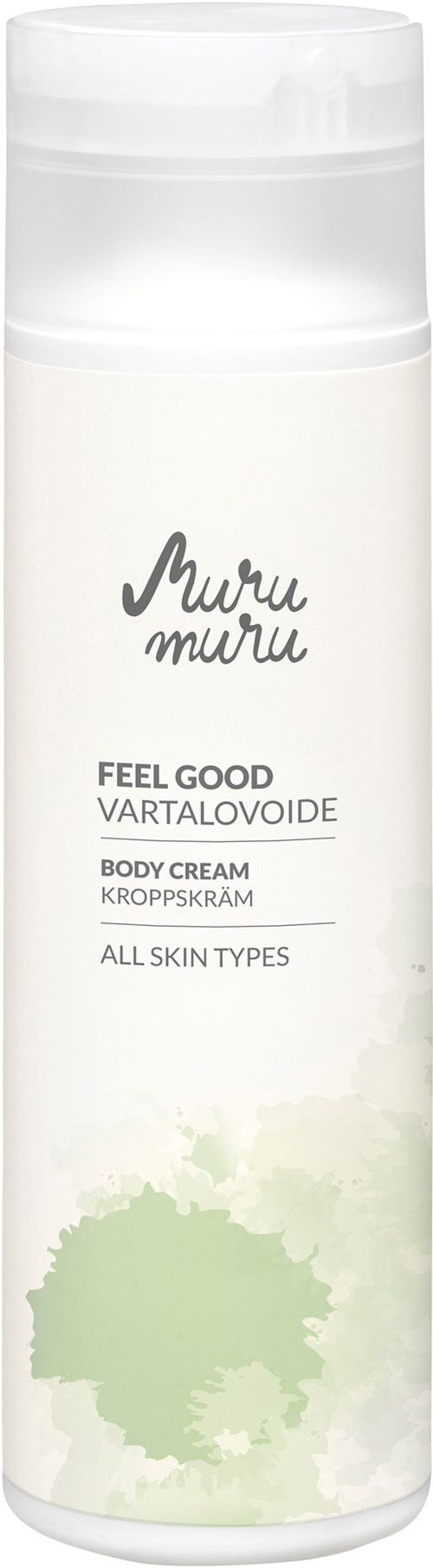 Een witte cilindervormige bodycrème fles met witte dop en groene aquarelstijl, geschikt voor alle huidtypen.
