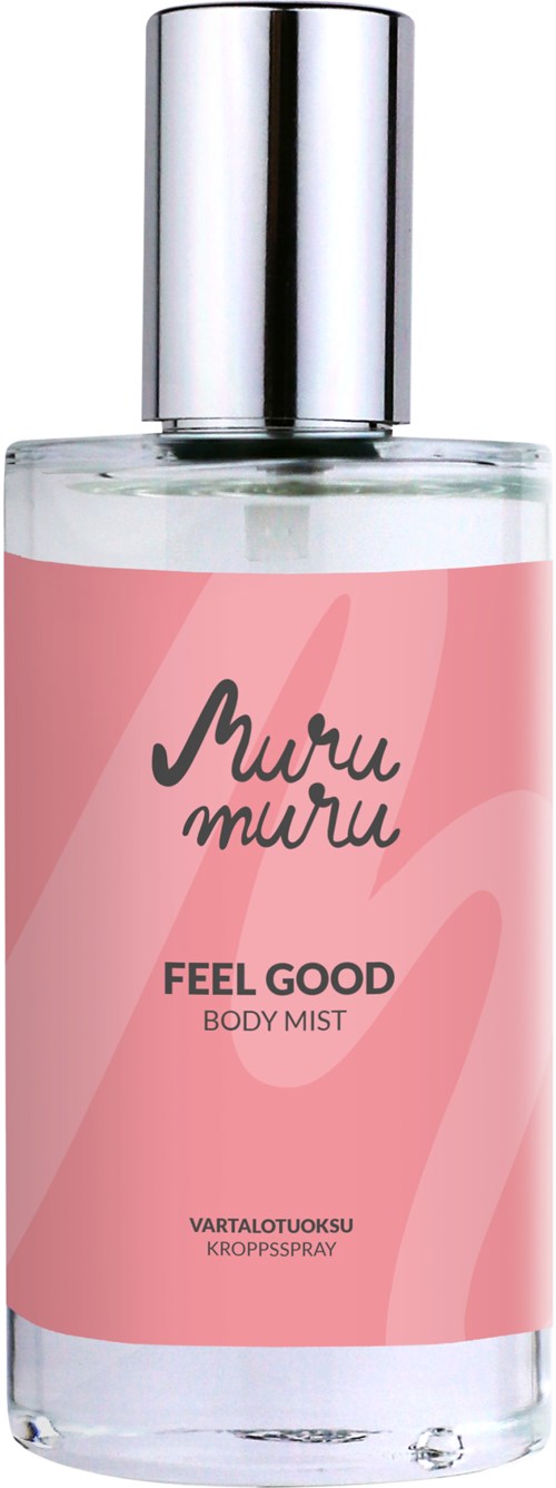 A pink label on a clear body mist spray bottle with silver cap. Text says "Muru Muru" and "Feel Good".