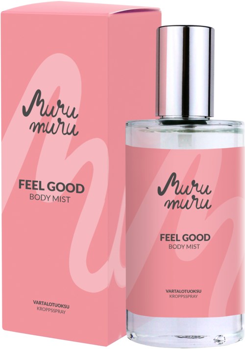 A pink box and bottle of "Muru Muru Feel Good Body Mist" with silver cap, featuring soft, flowing design elements.