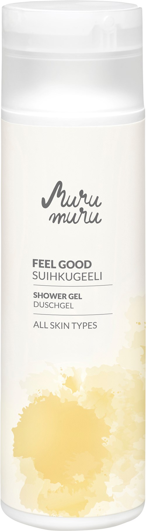 Een witte fles met douchegel 'Muru Muru' met gele verfspatten, geschikt voor alle huidtypen.