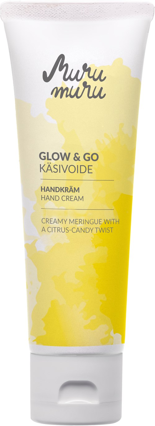 Käsivoide sitrushedelmien tuoksulla, pääväriltään keltainen ja valkoinen, merkinnät 'Glow & Go' ja 'Muru Muru'.