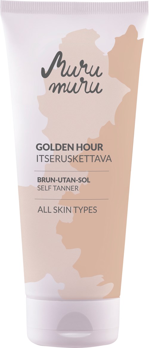 Self-tanner tube with a beige and white design, labeled "Muru Muru Golden Hour Self Tanner" for all skin types.