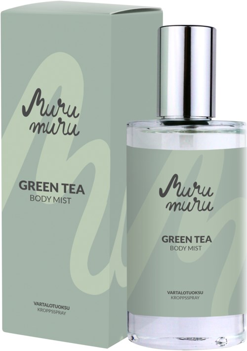 Een heldere bodymistfles met een zilveren deksel, naast een groene en witte doos. Het product is Muru Muru Green Tea Body Mist.