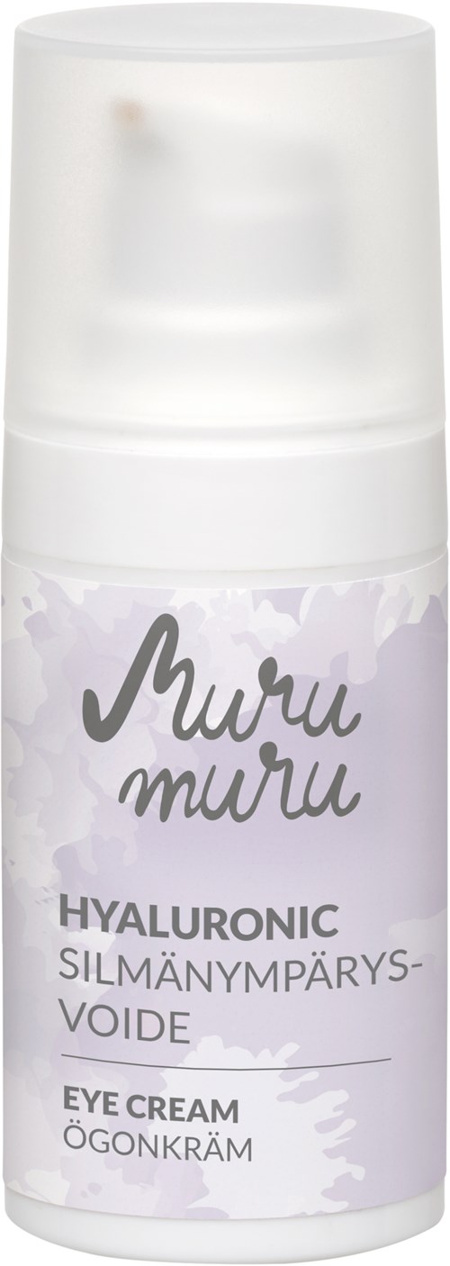 Een witte spuitfles met het label 'Muru Muru Hyaluronic Eye Cream' en een zachte paarse achtergrond, ontworpen voor oogverzorging.