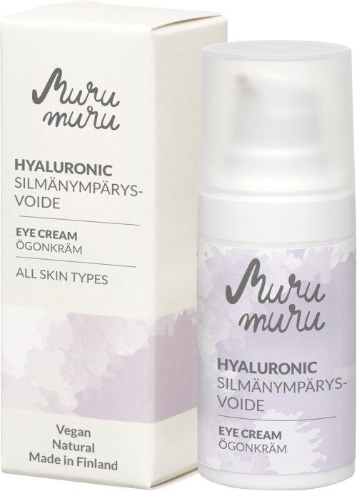Hyaluronische oogcrème in fles, met doos, geschikt voor alle huidtypes. Veganistisch en natuurlijk uit Finland.