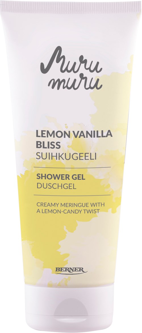 A white shower gel tube with yellow accents and black text, labeled "Muru Muru Lemon Vanilla Bliss."