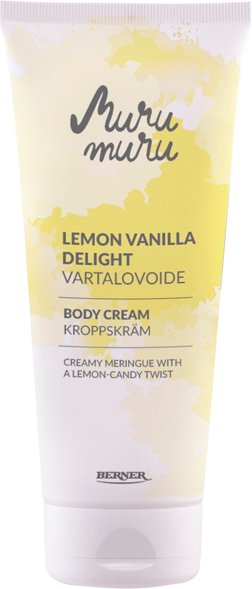 Yellow and white bottle labeled as lemon vanilla body cream with a lemon candy scent. Brand name is 'Muru Muru' and 'Berner' is at the bottom.