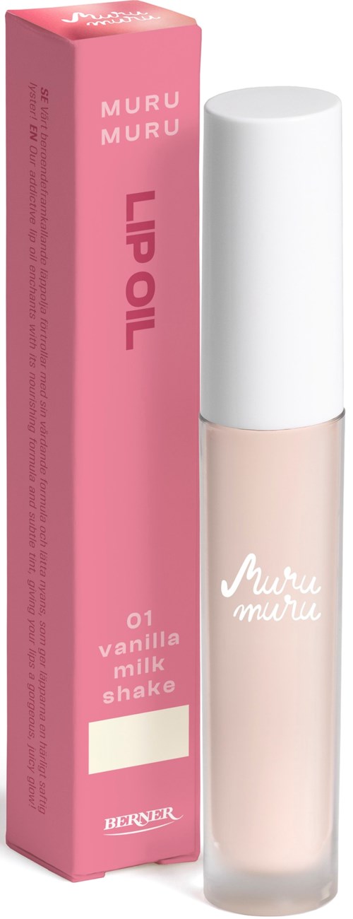 A lipstick with a white cap, pink packaging, and the text "MURU MURU" and "LIP OIL" on the box.