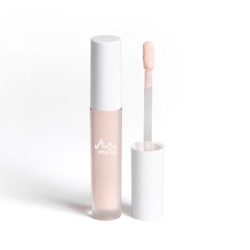 Lip gloss in a clear bottle with a white cap, and foam applicator. Simple design, light pink color.