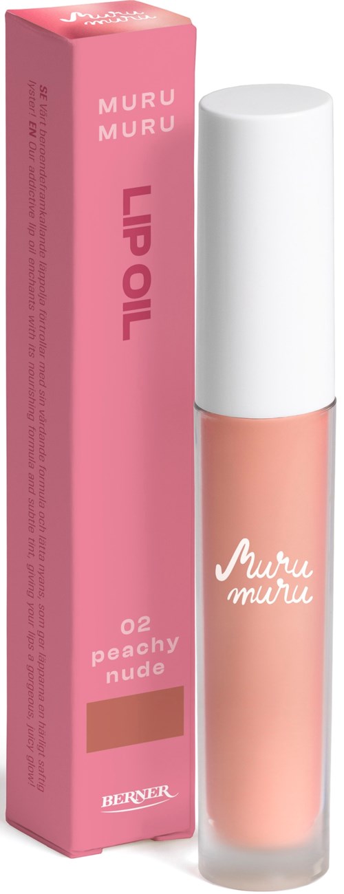 A pink box and lip gloss bottle labeled "MURU MURU" and "PEACHY NUDE."