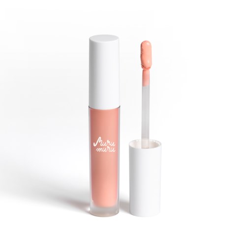 A peach-colored lip gloss with a white cap, and the applicator is shown outside the tube.