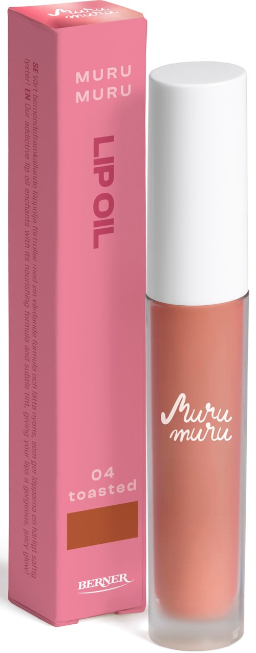 Lip gloss in a pink box labeled 'Muru Muru' and '04 Toasted'. The gloss tube is light pink with a white cap.
