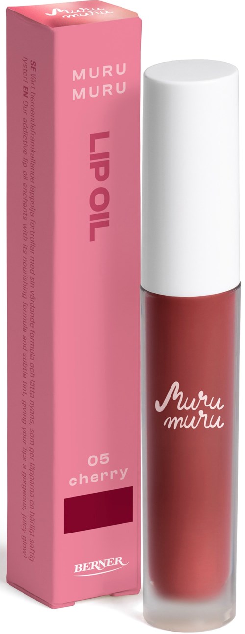 Lip gloss in a pink box with cherry flavor, labeled 'MURUMURU LIP OIL,' by Berner, with a white cap.