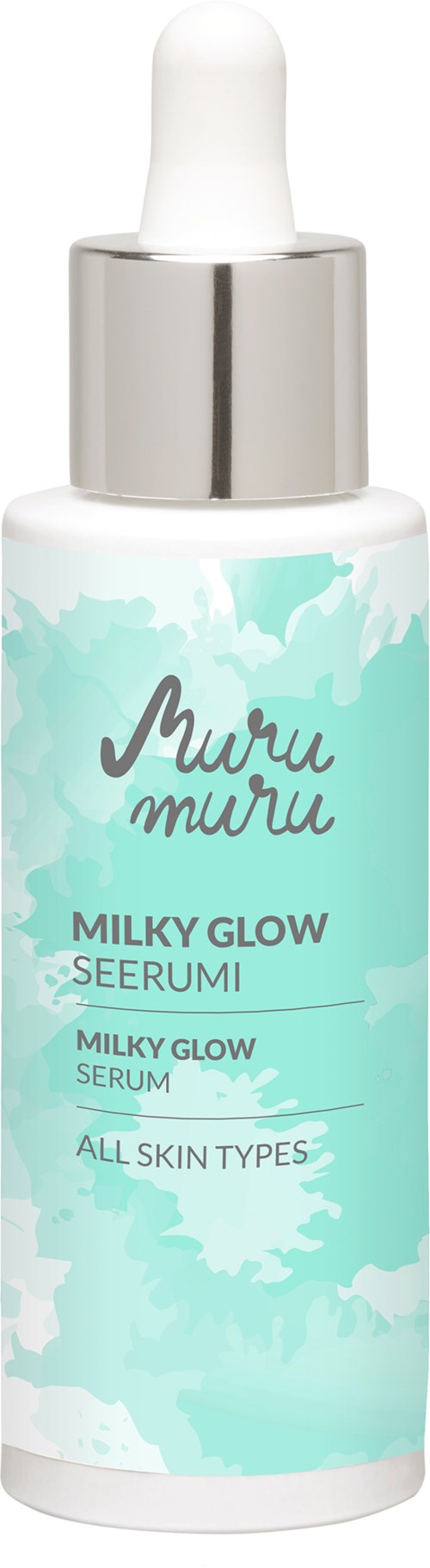 Een huidverzorgingsserumfles met de tekst 'Milky Glow Serum' geschikt voor alle huidtypen met druppelfles.