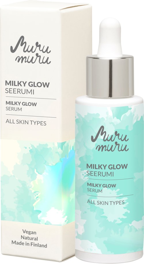 Een huidverzorgingsfles en doos gemarkeerd 'Muru Muru Milky Glow Serum' voor alle huidtypes. Veganistisch, natuurlijk, uit Finland.