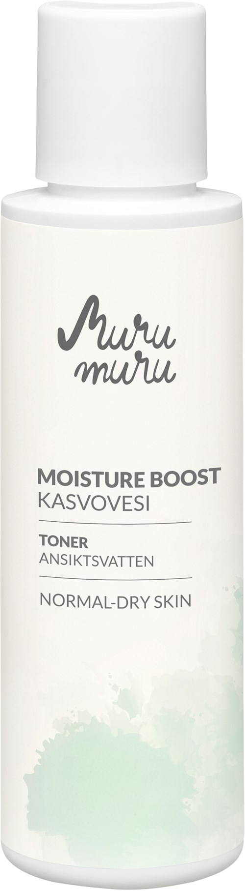 A white bottle of Muru Muru Moisture Boost toner for normal to dry skin.