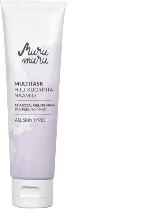 A white tube labeled 'Muru Muru' with words about a charcoal peeling mask for all skin types.