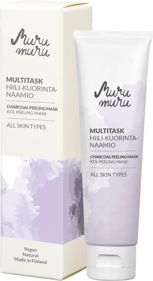 A white box and tube of Muru Muru charcoal peeling mask. The packaging has purple and grey colors and text.