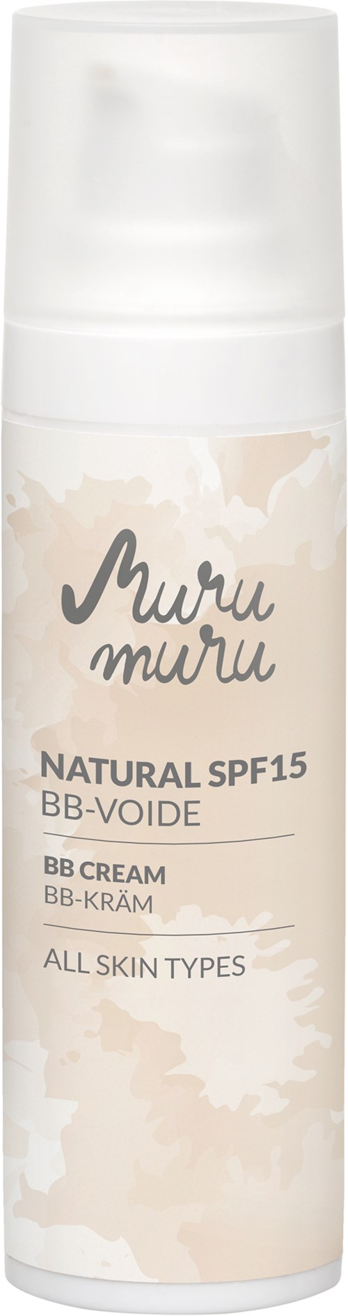 Eine weiße Flasche mit beige und schwarzem Text, gekennzeichnet als Muru Muru natürliche SPF15 BB-Cream für alle Hauttypen.