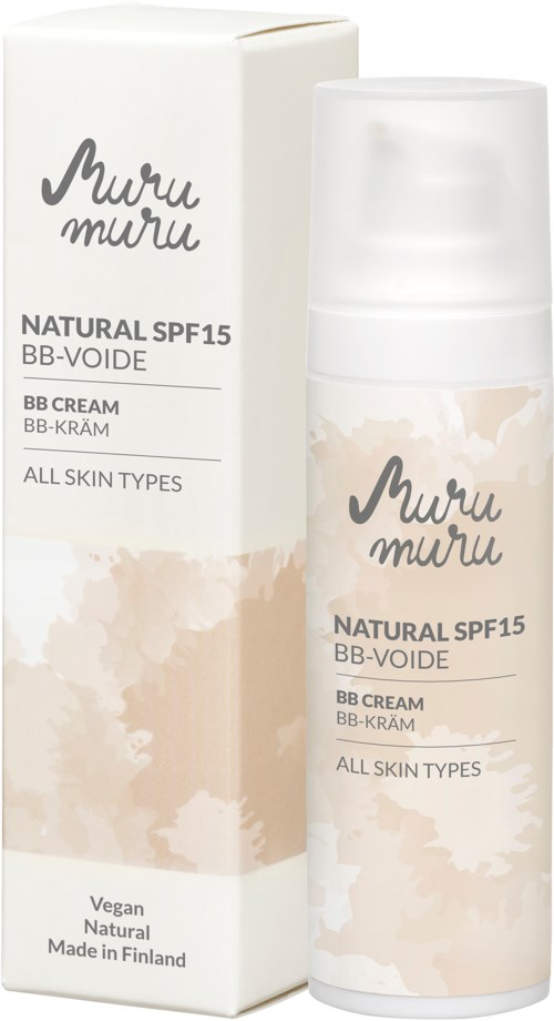 Eine weiße Verpackung und Flasche mit Muru Muru BB-Creme mit Lichtschutzfaktor 15, geeignet für alle Hauttypen, vegan, hergestellt in Finnland.