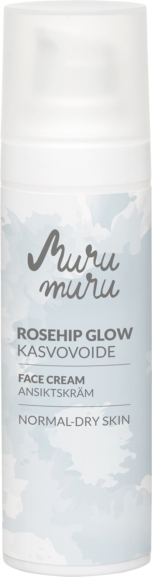 A white bottle of face cream with light blue and gray text, for normal to dry skin, named Murumuru Rosehip Glow.