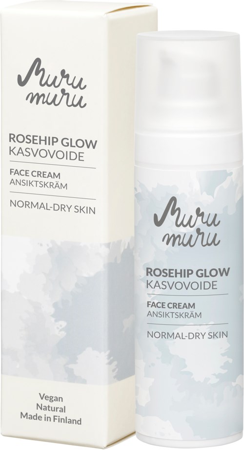 A face cream product and packaging for normal to dry skin, contains rosehip glow, made in Finland, vegan and natural.