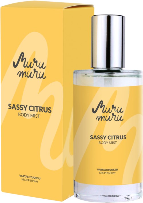 A yellow box and a bottle of body mist labeled 'Muru Muru Sassy Citrus' with a silver cap.