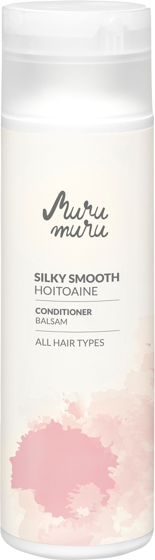 A white bottle with pink watercolor design, labeled as Murumuru conditioner for all hair types.