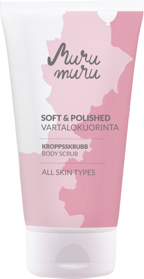 A pink and white body scrub tube with floral and abstract design, labeled for all skin types.