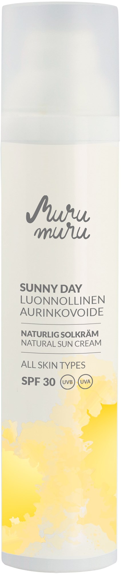 A white bottle with yellow and gray design, labeled as natural sun cream with SPF 30 for all skin types.