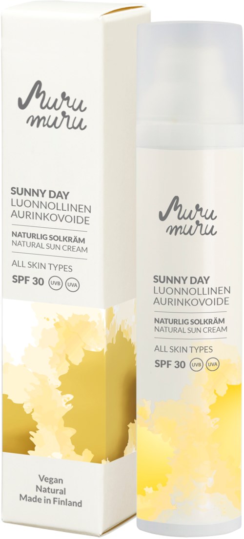 A sunscreen product called Sunny Day in a white bottle with yellow cloud design and protective SPF 30.