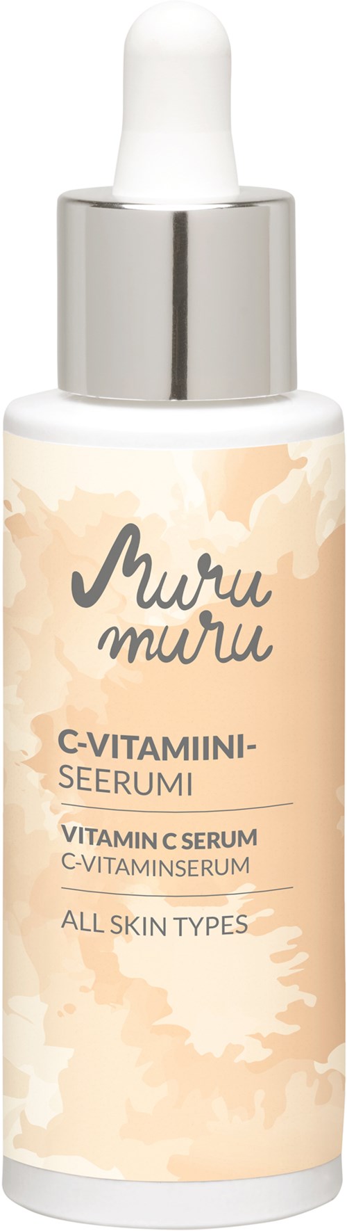 Kleine serumfles met 'C-Vitamiini-Serumi' voor alle huidtypes met pipet en zachte pastelkleuren.