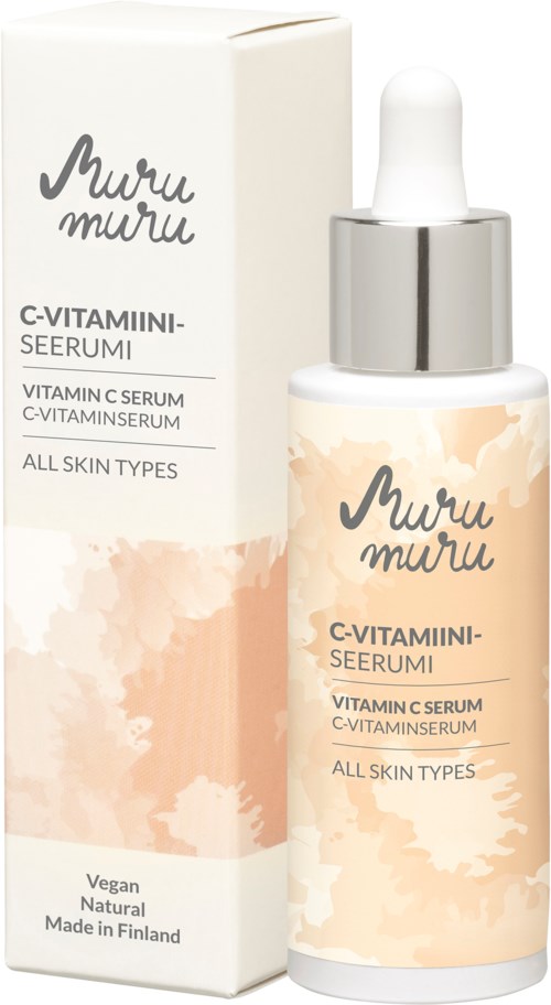 Een huidverzorgingsserumfles met pipet en bijpassend doosje, gemarkeerd 'Muru Muru C-VITAMINI-SEERUMI', voor alle huidtypes.