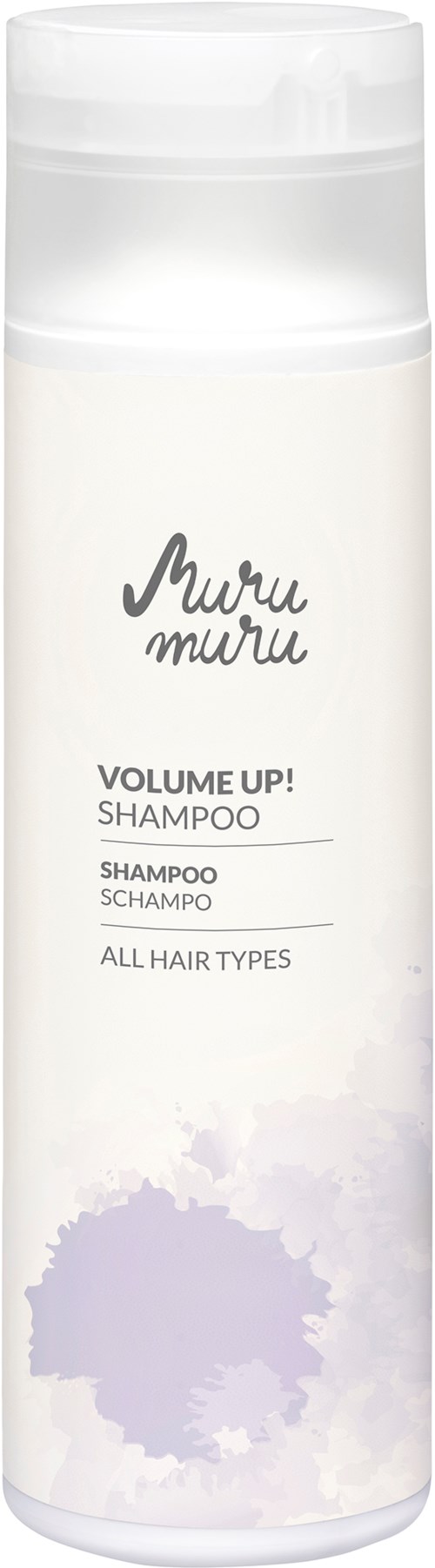 A white bottle of hair shampoo labeled 'Muru Muru' for all hair types with a splash of purple watercolor at the bottom.