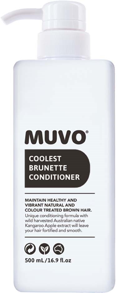 A white bottle of MUVO Brunette Conditioner with a pump, label says it maintains healthy, vibrant brown hair.