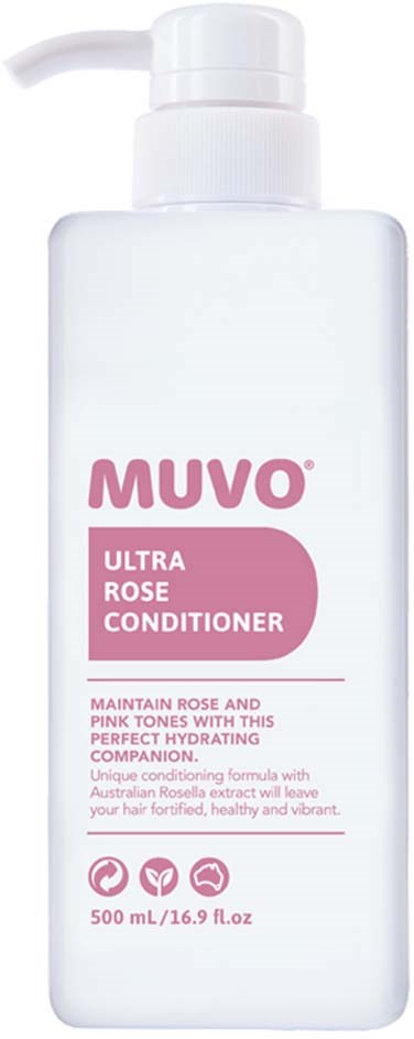 A white bottle with a pump, labeled MUVO Ultra Rose Conditioner, 500 mL, pink and white text, empty of contents.