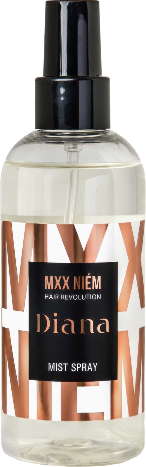 A clear spray bottle with black cap and label that says MXN NEM hair revolution Diana mist spray.