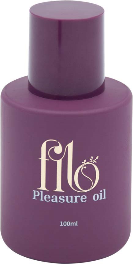 Lila Flasche mit Beschriftung 'Pleasure oil', 100 ml. Einfaches Design mit Deckel.