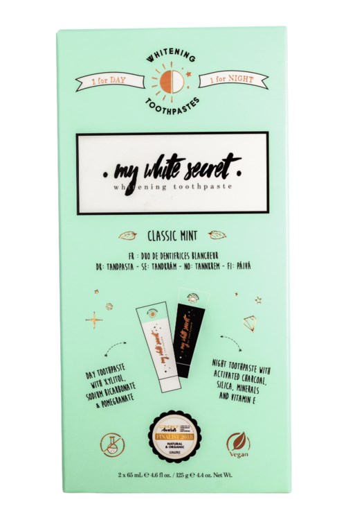 En mintgrön förpackning för tandkräm, står "my white secret" och "classic mint," med små bilder och text om användning.