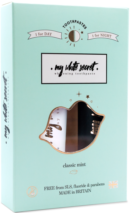 Mintfärgad box med en spegel i form av läppar, märkt 'my little secret' tandkräm, fri från SLS och parabener.