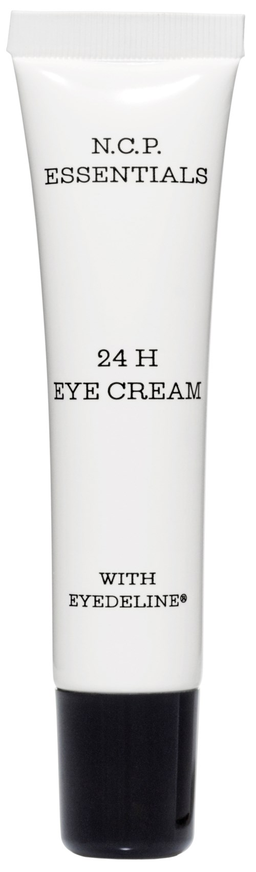 Een witte tube met zwarte dop met label 'N.C.P. ESSENTIALS 24 H EYE CREAM WITH EYEDELINE' voor oogverzorging.