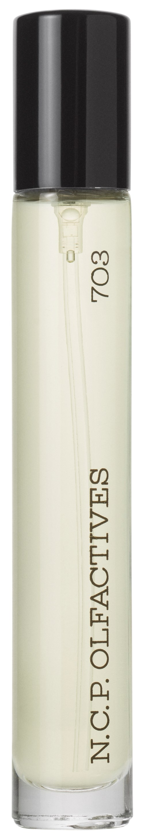 Kleine glazen fles met een zwarte dop, bevat een heldere vloeistof en is gemarkeerd N.C.P. OLFACTIVES 703.