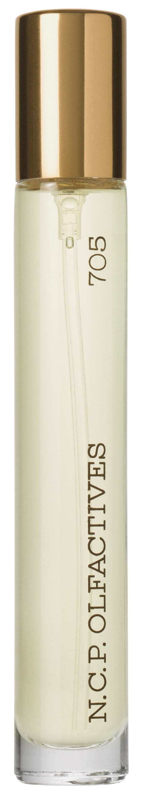 Een heldere parfuumfles met een gouden dop en zwarte tekst die zegt 'N. C. P. OLFACTIVES 70%'.