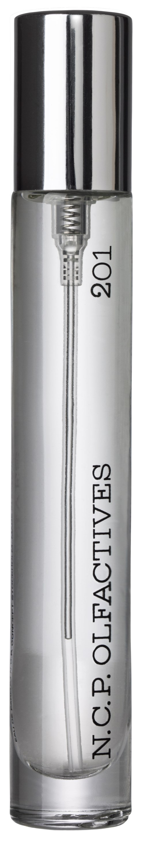 Een heldere glazen rollercontainer met een zilverendop, met tekstlabel, waarschijnlijk een parfum of cosmeticaproduct.