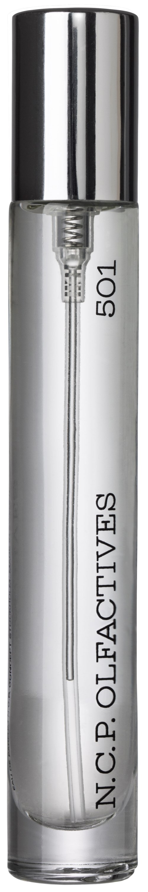 Heldere glazen buis met een zilveren dop, met een dunne metalen staaf erin, gemerkt N.C.P. OLEFACTIVES 501.
