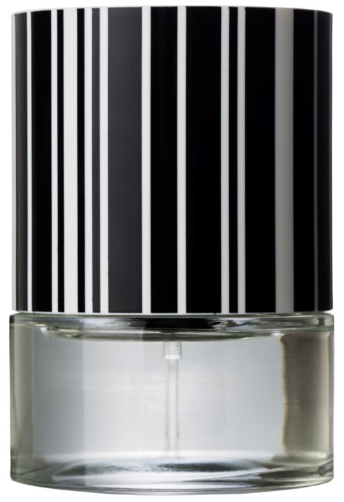 Eine kleine Glasflasche mit einem schwarz-weißen gestreiften Verschluss. Die Flasche enthält eine klare Flüssigkeit und hat ein schlichtes, modernes Design.