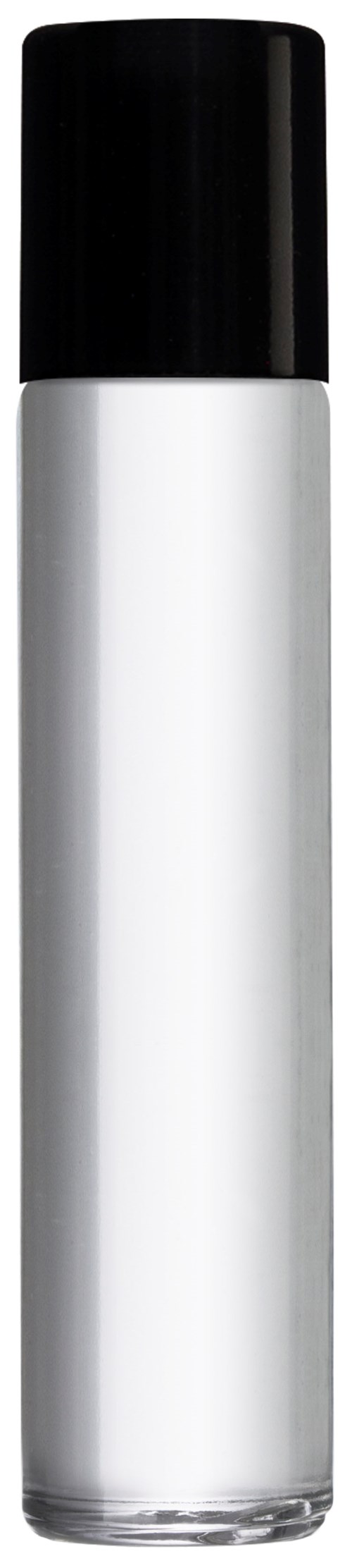 Een witte sprayfles met zwart deksel, lang en slank, op een zwarte achtergrond.
