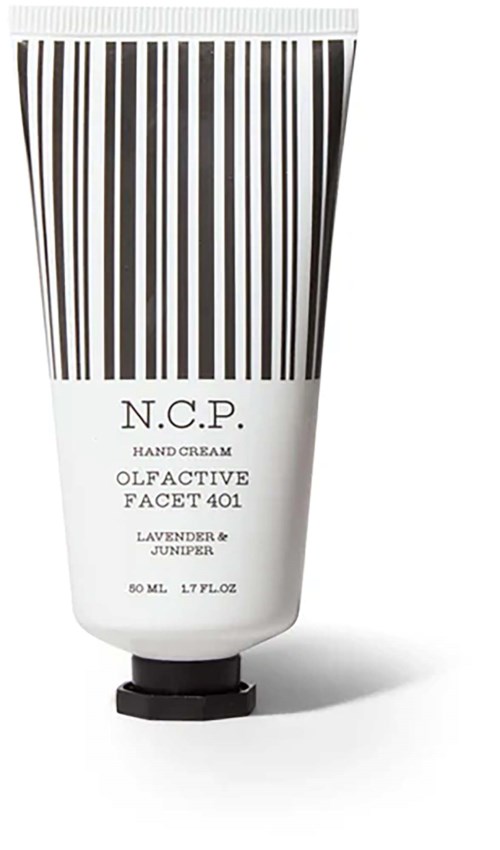Ein weißer Tubenhandcreme mit N.C.P. Schriftzug, Lavendel und Wacholder Duft, mit schwarzen Barcode-ähnlichen Streifen.