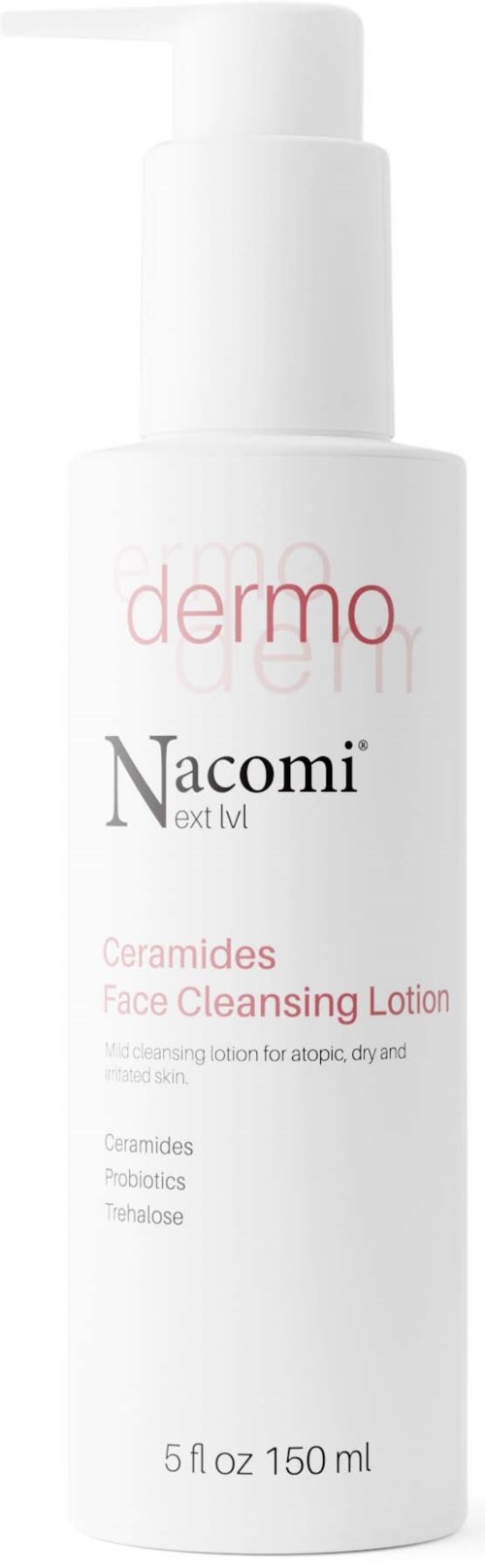 En vit flaska med pump, märkt Ceramides Face Cleansing Lotion för torr och känslig hud, innehåller 150 ml.