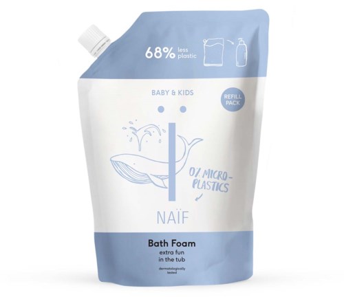Beutel mit Badeschaum für Babys und Kinder, 68 % weniger Plastik, mit Wal-Illustration und Nachfüllpack.